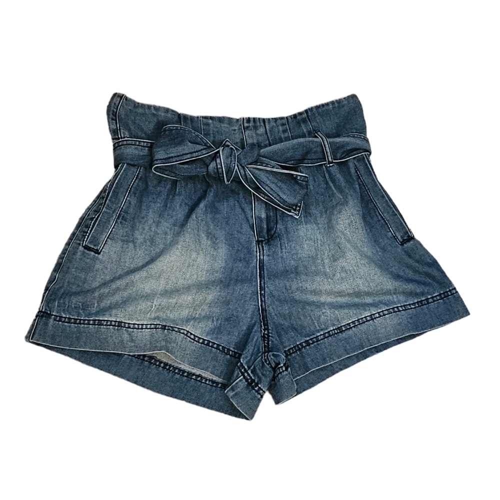 Easel Tie Waist Paperbag Tapered Blue Denim Shorts 100% Cotton Size L